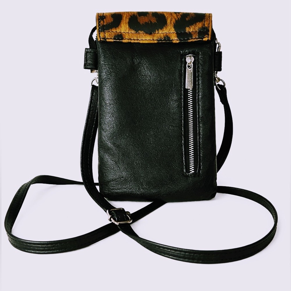 Black Leather Crossbody Phone Bag with Leopard Print Flap - Picture 3 of 7